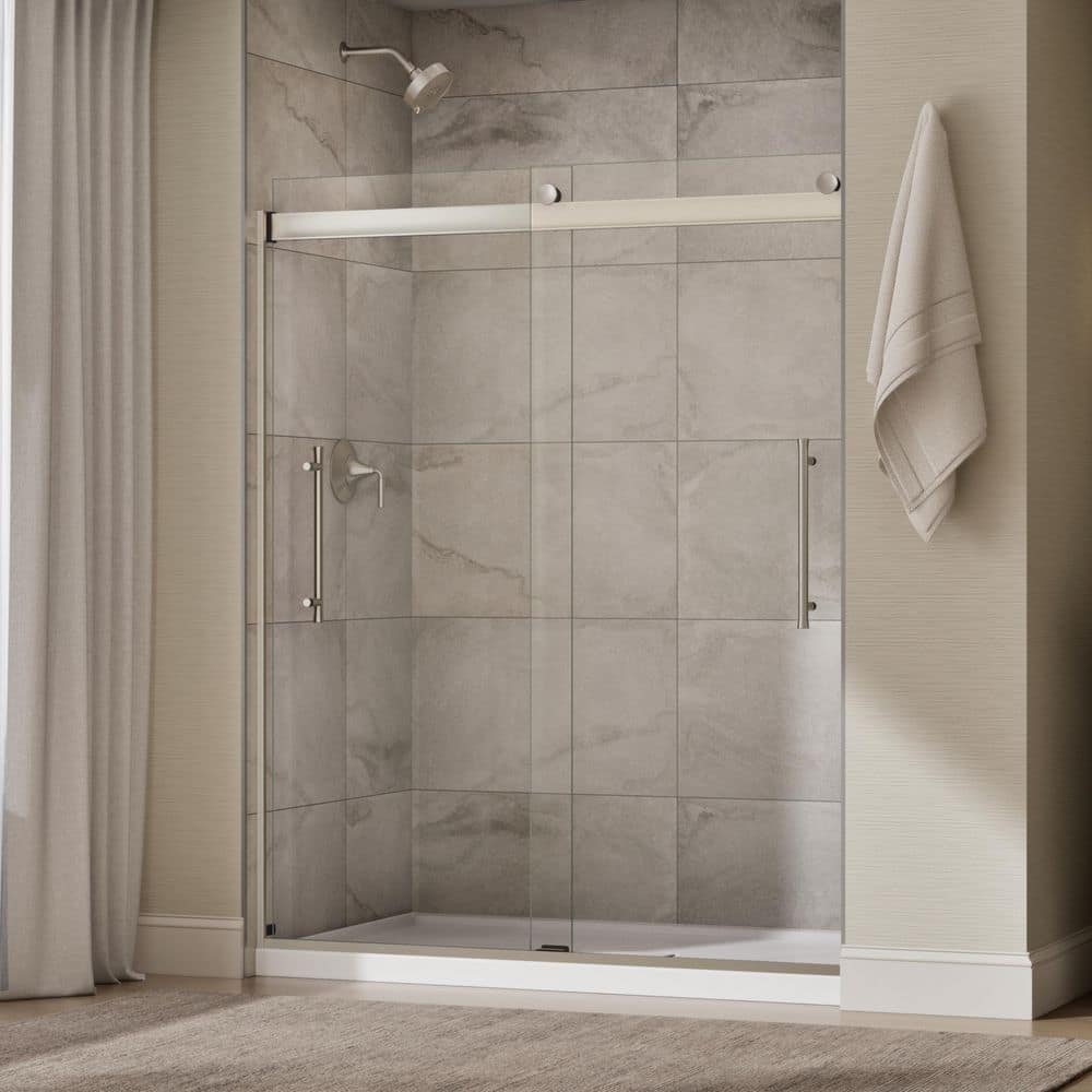 KOHLER Elmbrook 55-60 in. W x 74 in. H Sliding Frameless Shower Door in Anodized Brushed Nickel with 5/16 in. Thick Glass (3)