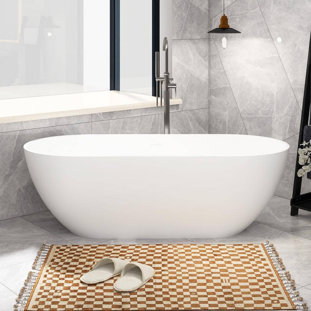 Staykiwi 69 in. x 29in. Stone Resin Freestanding Flatbottom Soaking Bathtub Center Drain in Matte White (1)