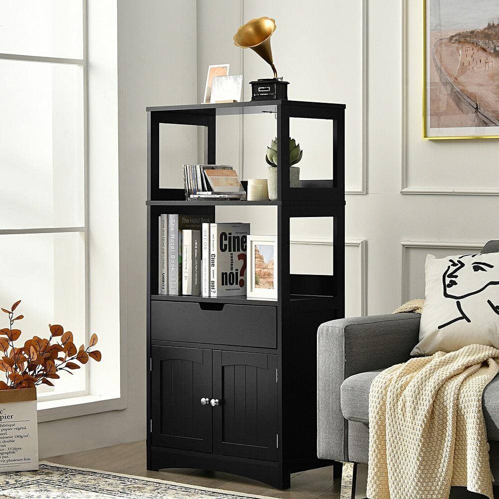 Gymax 24 in. W x 13 in. D x 48 in. H Black Bathroom Storage Cabinet with Drawer Shelf with Cupboard and Floor Cabinet (2)