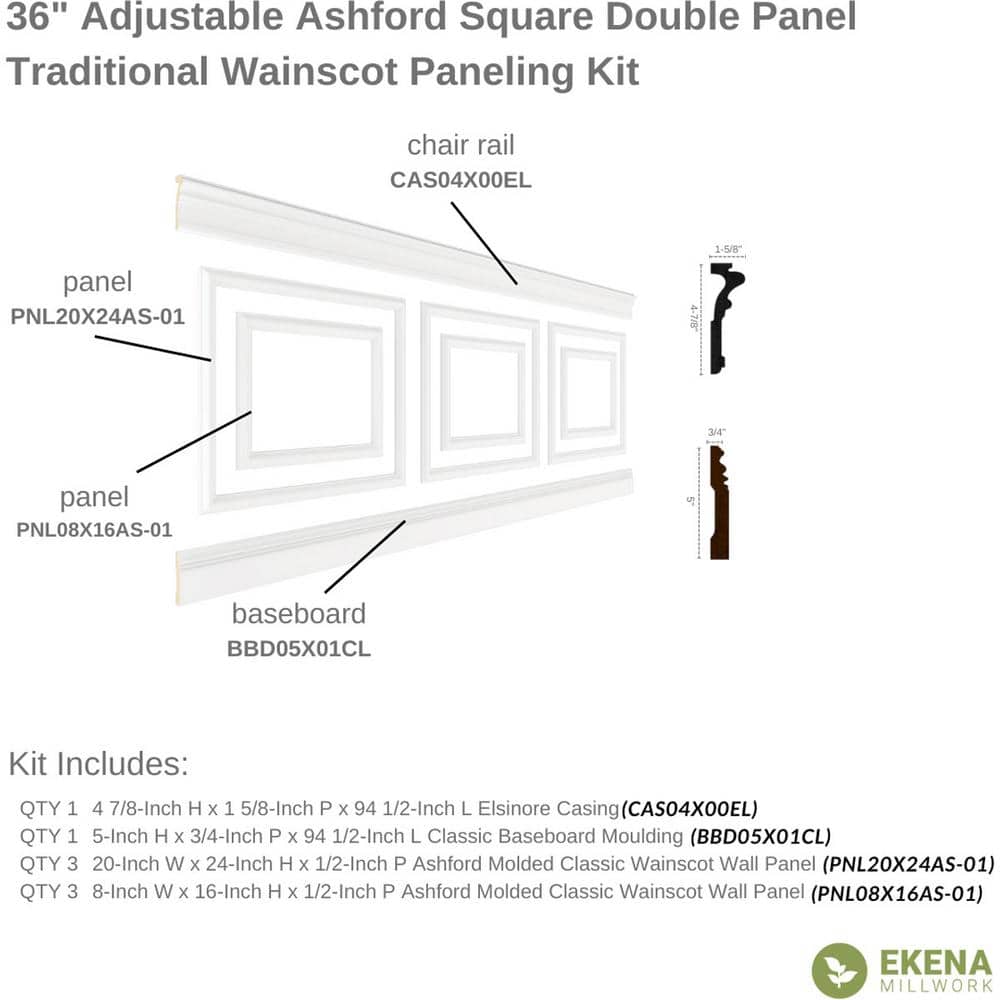 Ekena Millwork 94 1/2 in. (Adjustable 36 in. to 40 in.) 23 sq. ft. Polyurethane Ashford Square Double Panel Wainscot Kit Primed (2)