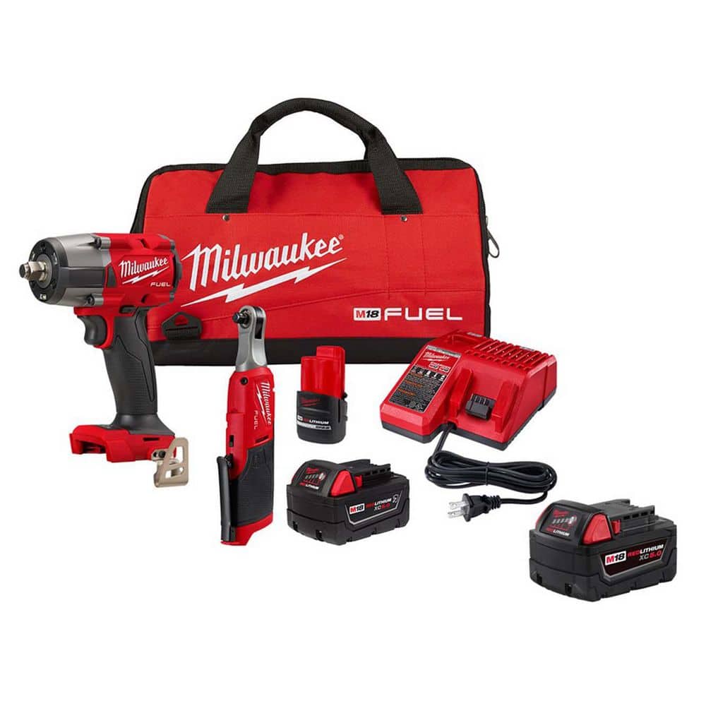Milwaukee M18 FUEL 18V Cordless Mid Torque 1/2 in. Impact Wrench with M12 FUEL 3/8 in Ratchet Combo Kit with Battery & Charger