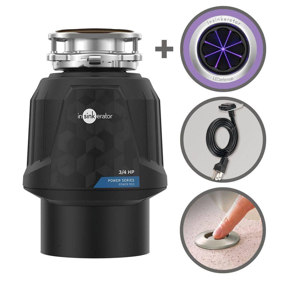 InSinkErator Power 900,3/4 HP Garbage Disposal with EZ Connect Power Cord, Dual Outlet Switch in Satin Nickel and LEDefense Flange