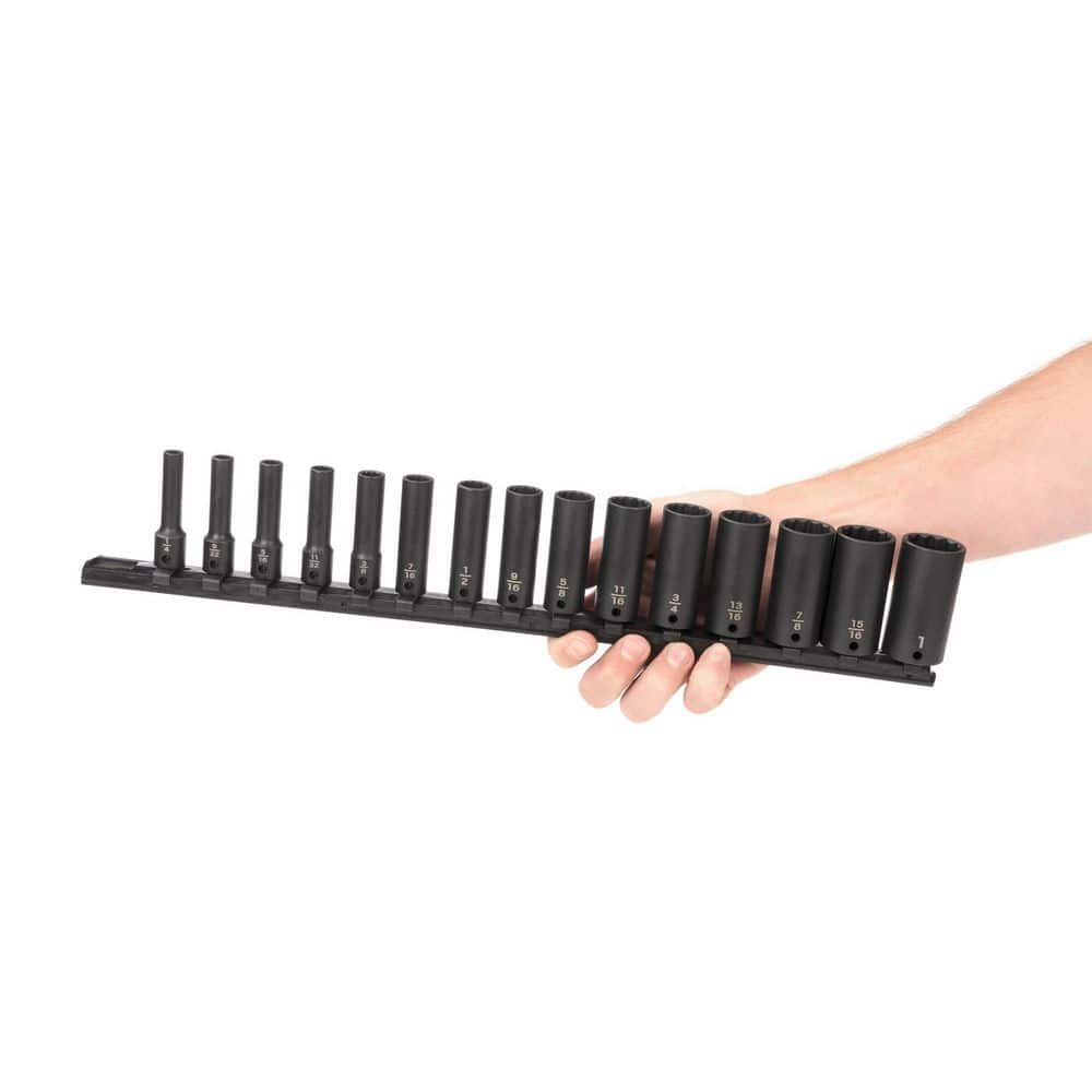 TEKTON 3/8 in. Drive Deep 12-Point Impact Socket Set (15-Piece) (1/4-1 in.) - Rails (3)