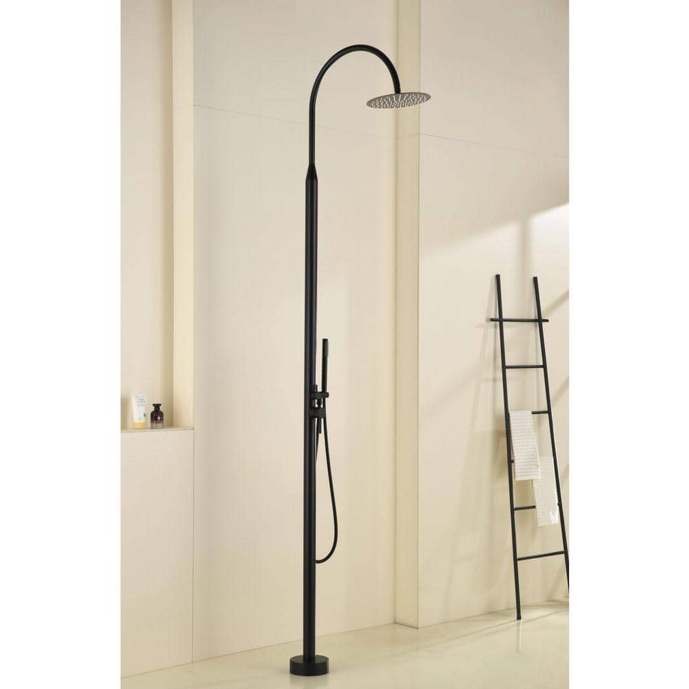 Tomfaucet 2-Handle 2-Spray Outdoor Freestanding Shower Faucet Kit 1.8 GPM Floor Mount Shower Kit w/ Hand Shower in Matte Black (2)