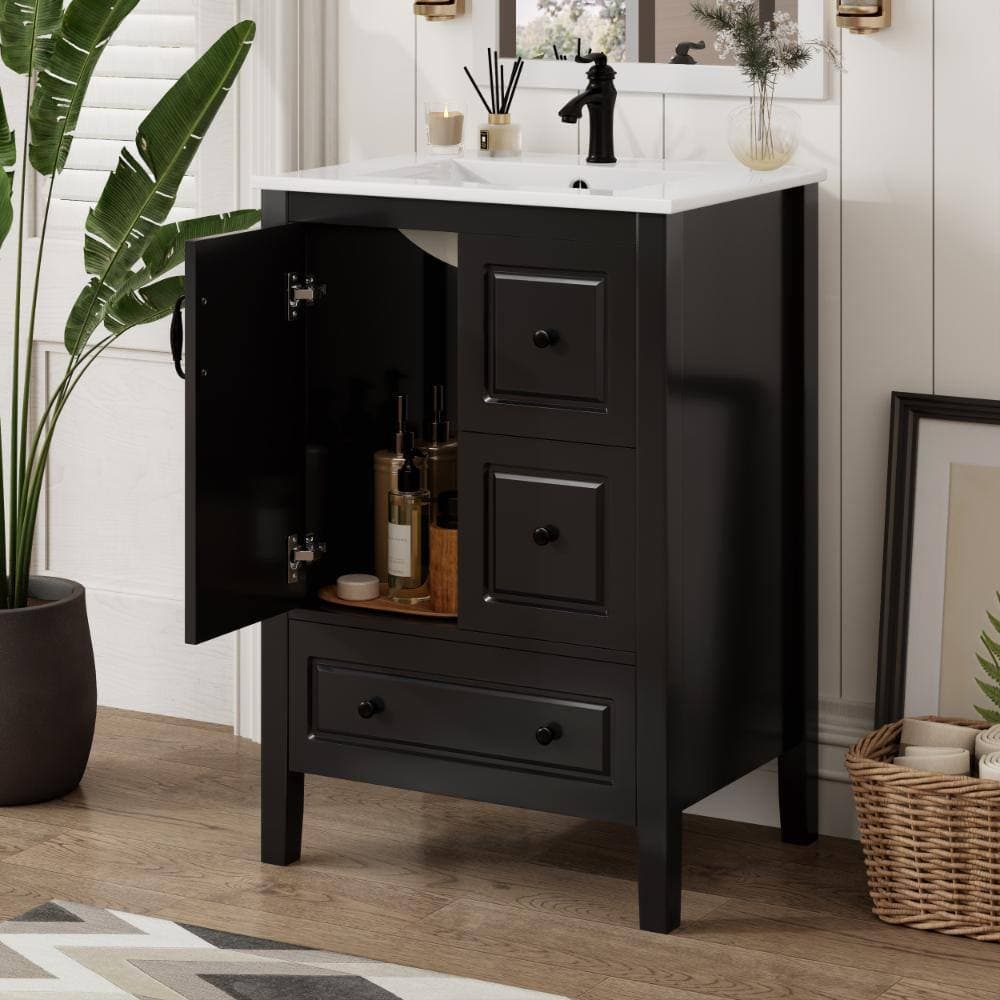 Flynama 24" Black Bath Vanity Sink,Soft Close Door+3 Drawers,Retro Metal Pull Handles (3)