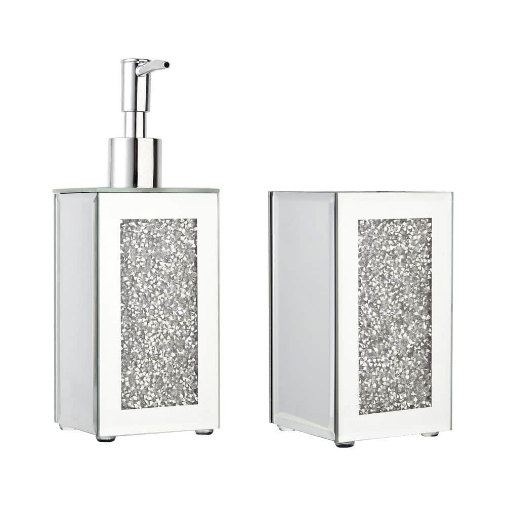 Wudkey 2-Piece Bath Accessory Set with Diamond-Embedded Soap Dispenser and Toothbrush Holder in Clear Glass (1)