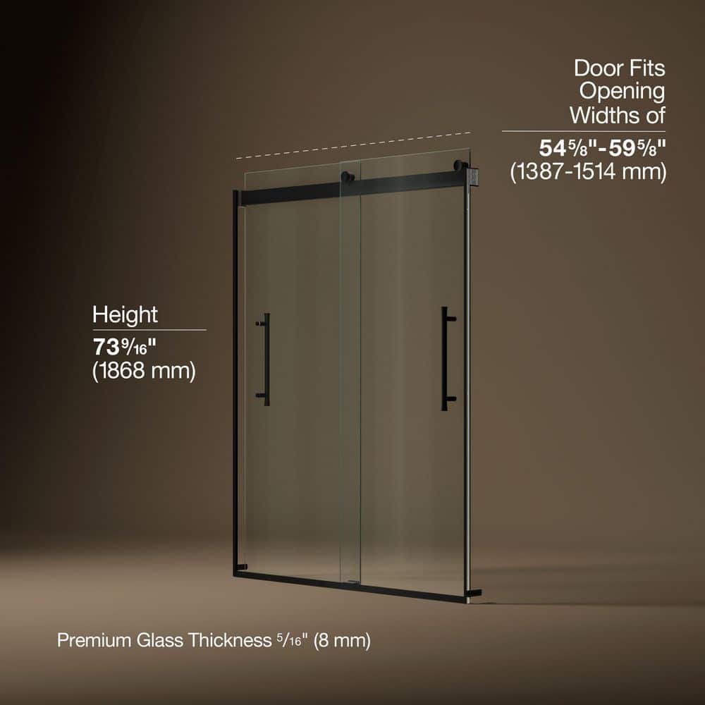 KOHLER Elmbrook 55-60 in. W x 74 in. H Sliding Frameless Shower Door in Matte Black with 5/16 in. Thick Tempered Glass (4)