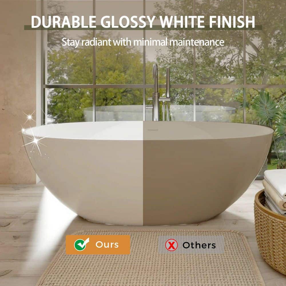 WELLFOR 65 in. x 30 in. Luxury Solid Surface Freestanding Soaking Bathtub in Gloss White with Overflow and Pop-up Drain (3)
