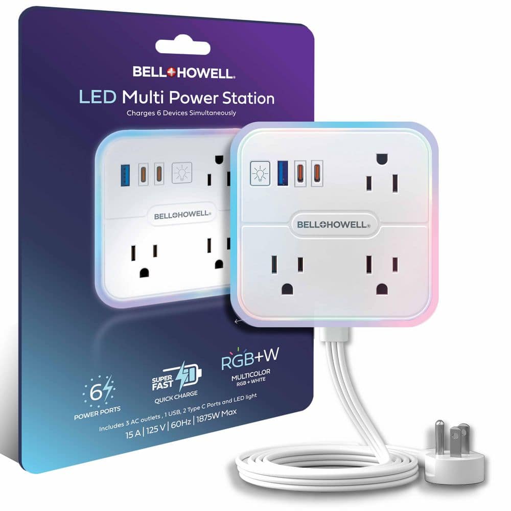 Bell + Howell LED Multi Power Station 3 AC Outlets,1 USB-A and 2 USB-C Ports Charging Extension w/ RGB Night Light and Surge Protector