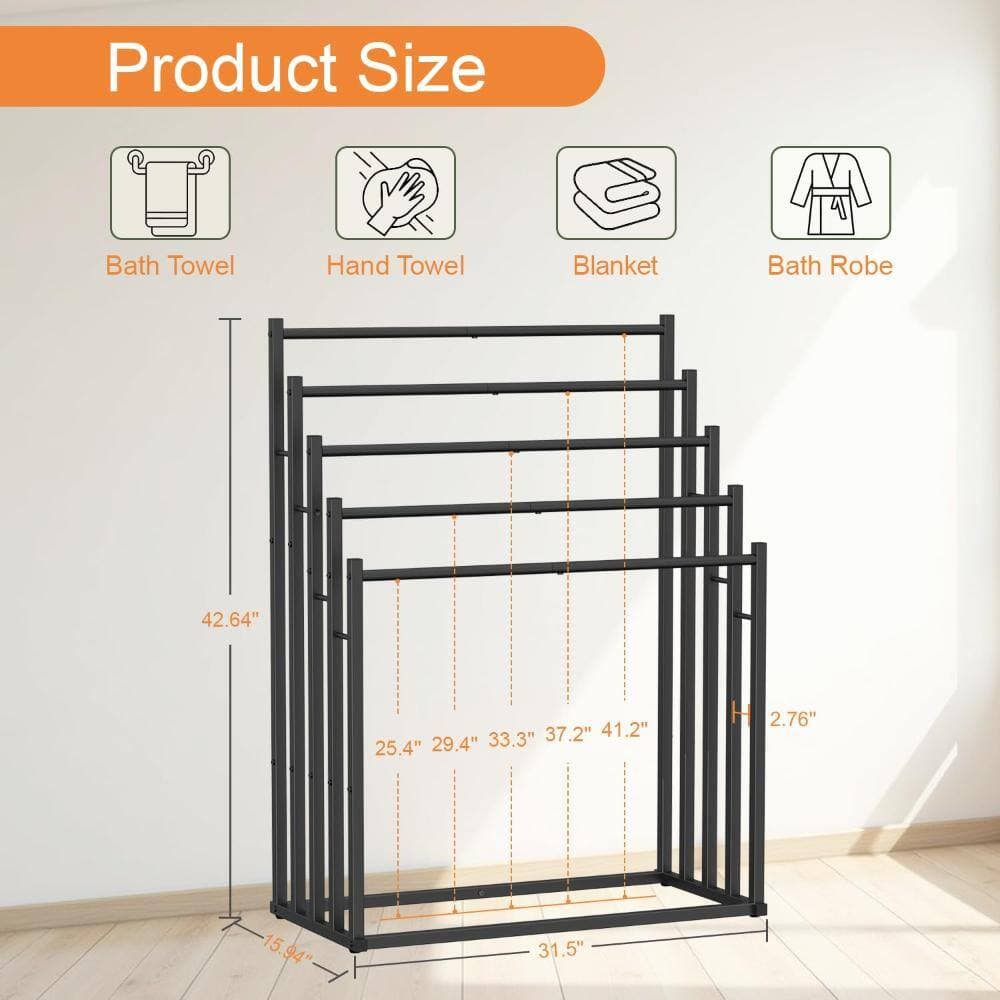 Whatseaso 31.5 in. W x 42.46 in. H x  15.94 in. D Metal Shelf in Black, Towel Racks for Bathroom (3)