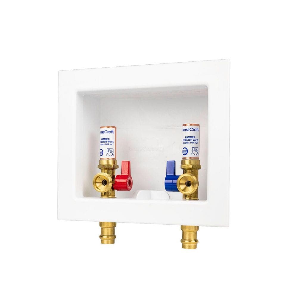 BrassCraft 1/2 in. NOM Press Connect x 3/4 in. MHT Brass Washing Machine Valves (1/4 Turn) with Outlet Box and Hammer Arrestors (1)