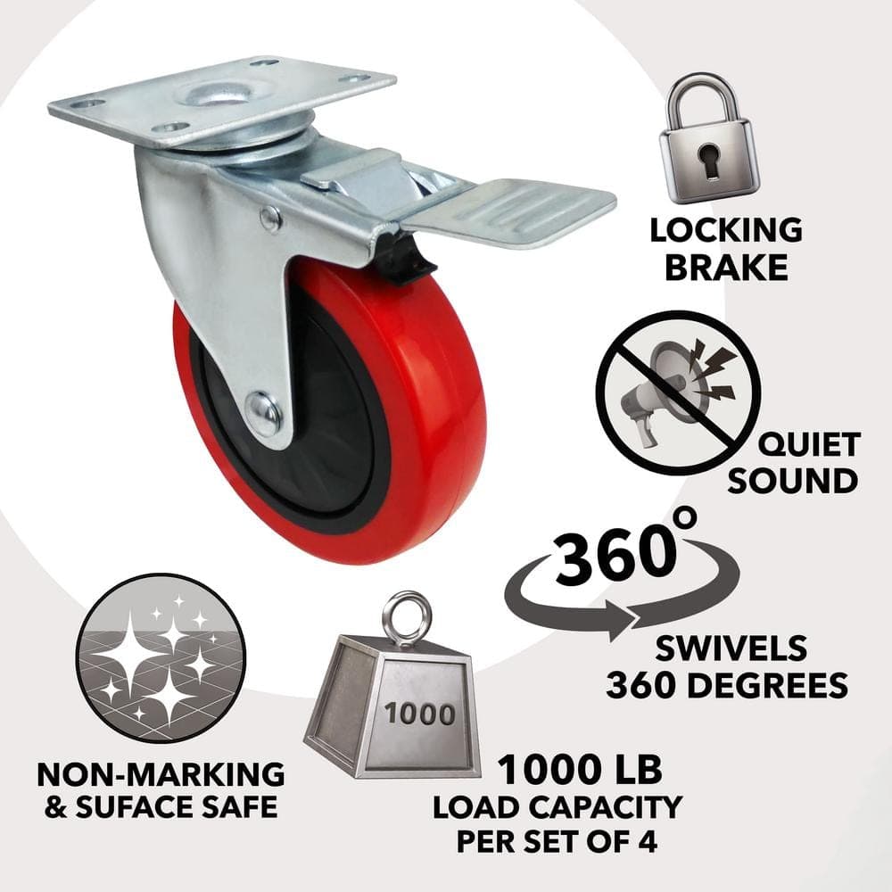 Everbilt 4 in. Red Polyurethane and Steel Swivel Plate Locking Caster Wheel with 250 lb. Load Rating (2)