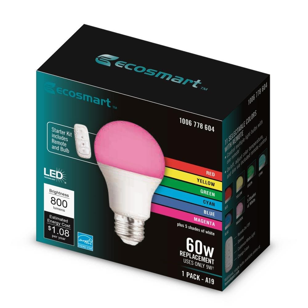 EcoSmart 60-Watt Equivalent A19 E26 Base CEC Color Changing LED Party Light Bulb Starter Kit with Remote (1-Pack) (4)