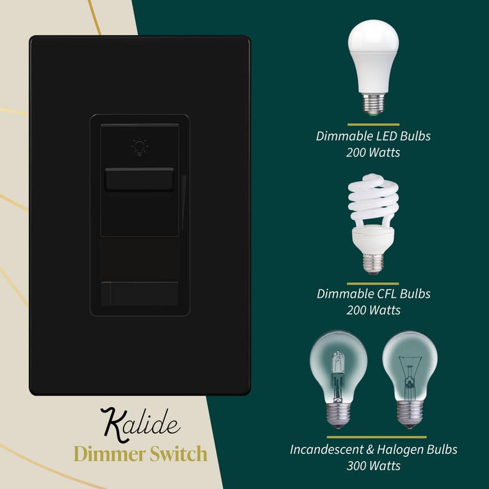 TOPGREENER Kalide 200-Watt 3-Way Slide Dimmer Light Switch With On/Off Button, No Neutral, Black (3-Pack) (2)