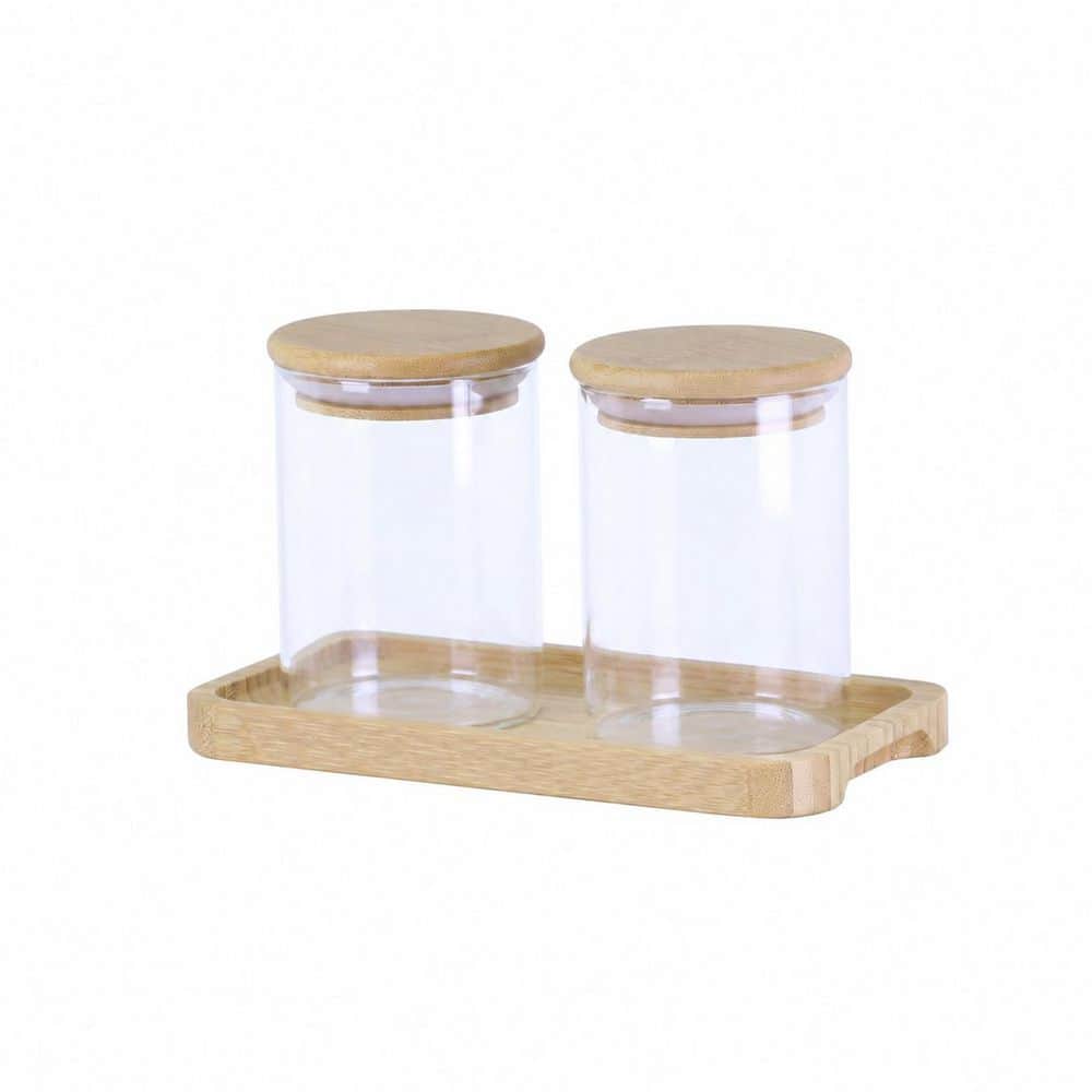 KHKFY Glass Q-Tip and Cotton Ball Holder Set with Bamboo Vanity Tray and Sealing Lids 7.5 x 4 x 4.3 in Qtip (1)