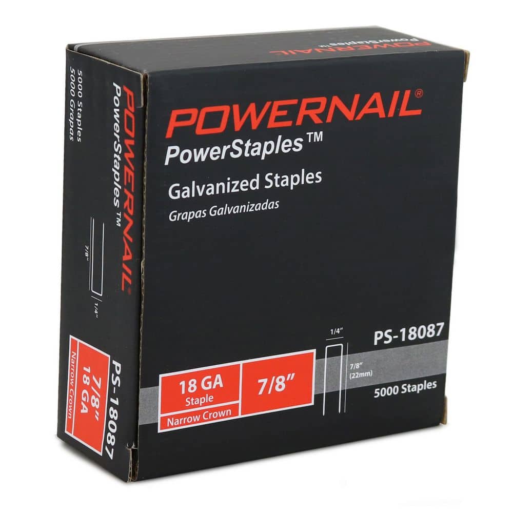 POWERNAIL 7/8 in. x 1/4 in. Crown x 18-Gauge Glue Collated Narrow Crown Staple for Woodwork and Flooring (5000 per Box) (2)