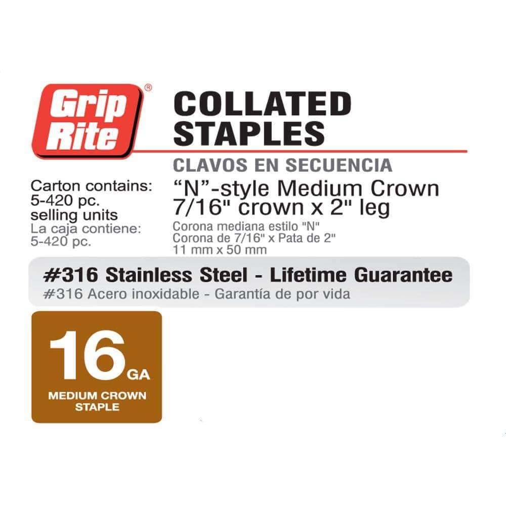 Grip-Rite 7/16 x 2 in. 16-Gauge 316 Stainless Steel N-Style Medium Crown Staples 420 per Box (2)