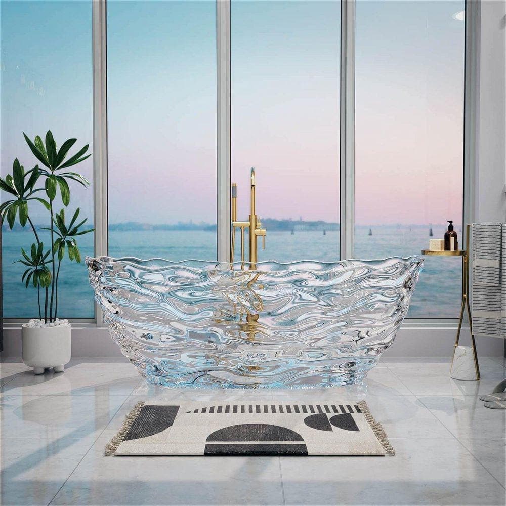 GIVING TREE 69 in. x 31 in. Crystal Resin Freestanding Soaking Bathtub with Center Drain in Transparent Ripple Finish