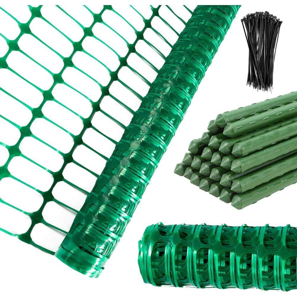 KIWDZFU 4 x 100 Temporary Plastic Snow Fence with Stakes Garden Fencing Roll Reusable Safety Barrier for Lawn and Pool Use (2)