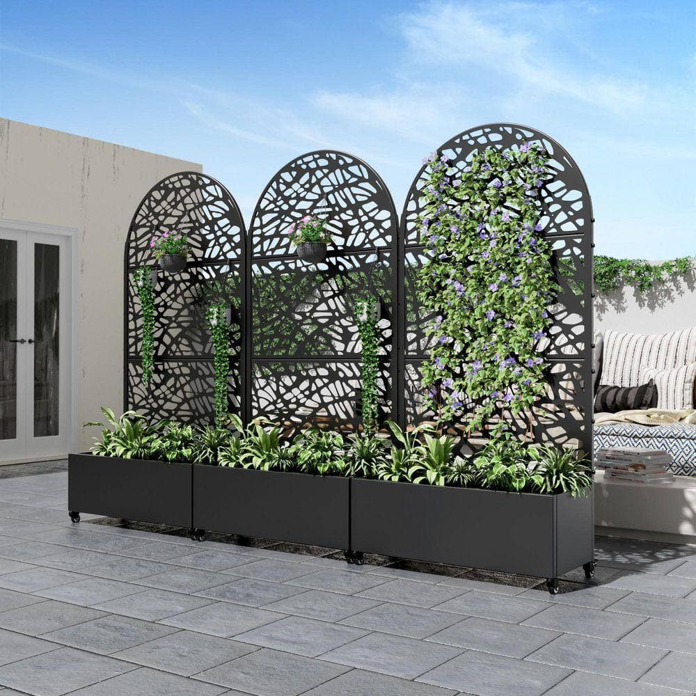 Lirago 72 in. H x 35 in. W Arch Black Outdoor Metal Privacy Screen Planter Box Wall Decor in Grid Pattern (3)