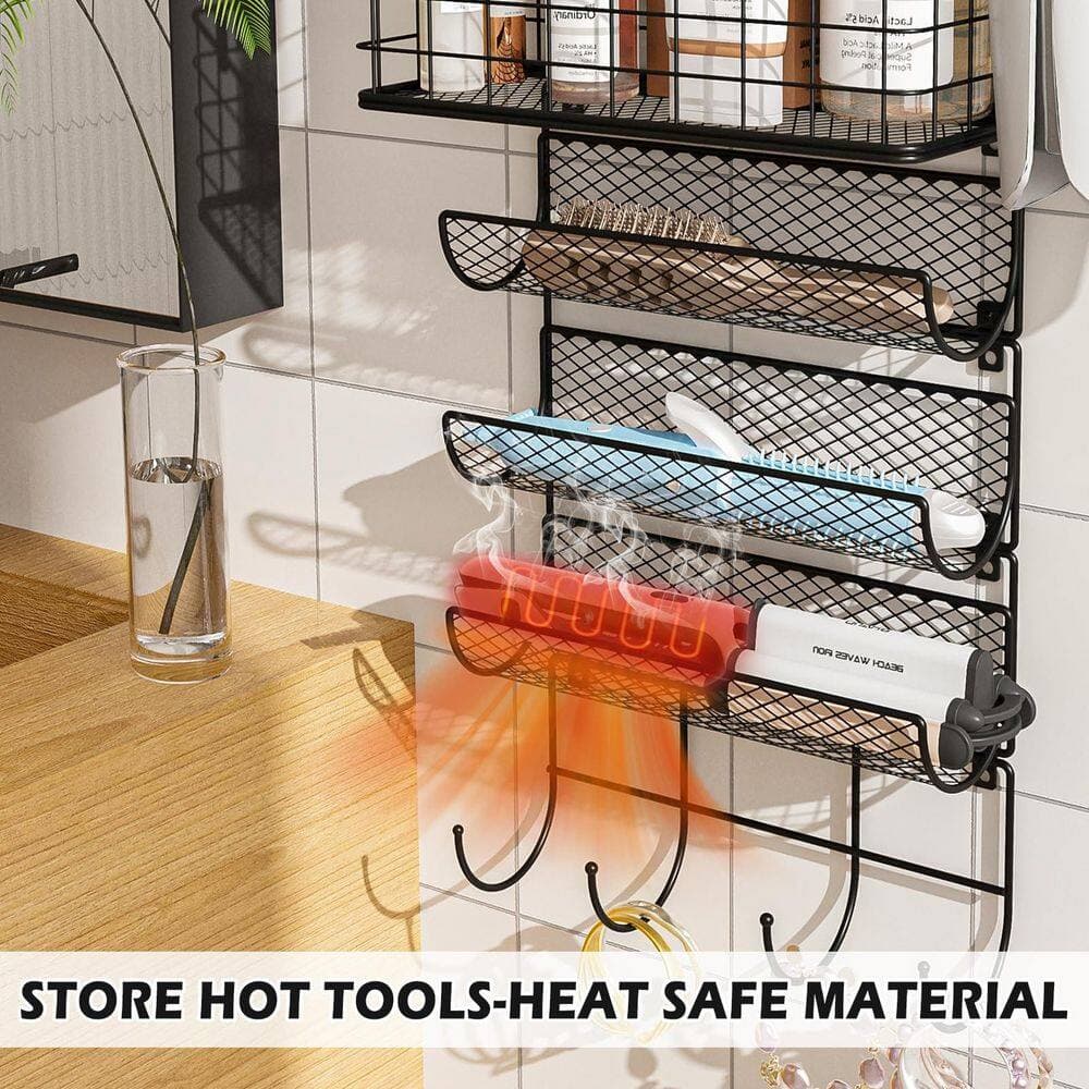 Wudkey Wall-Mounted Hair Dryer Holder, Hair Tool Organizer in Black with 1-Basket, 3-Shelves and Hooks, Heat Safe Rack (3)