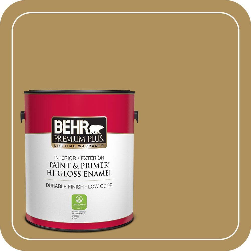 BEHR PREMIUM PLUS 1 gal. #S310-5 Brazilian Citrine Hi-Gloss Enamel Interior/Exterior Paint & Primer