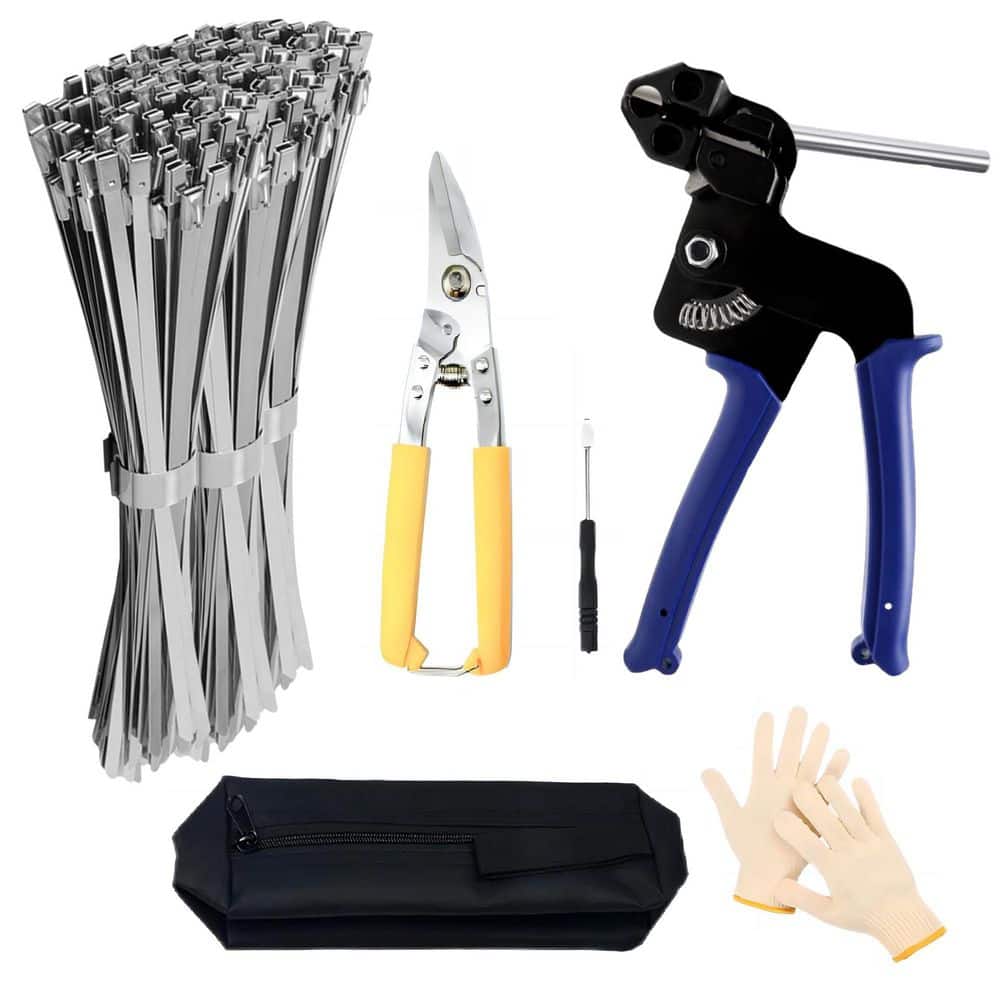 Laybus 1 in. x 0.9 ft Heavy Steel Cable Tie Tool,  Metal Tie Wrap Gun Kit with 100Pcs Self-Locking Metal Steel Zip Ties (1)