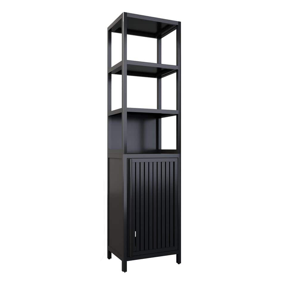 YSQCAR 16.3 in. W x 12.9 in. D x 64.7 in. H Black Bamboo Freestanding Linen Cabinet with Shutter Door and 3 Tier Shelves (1)