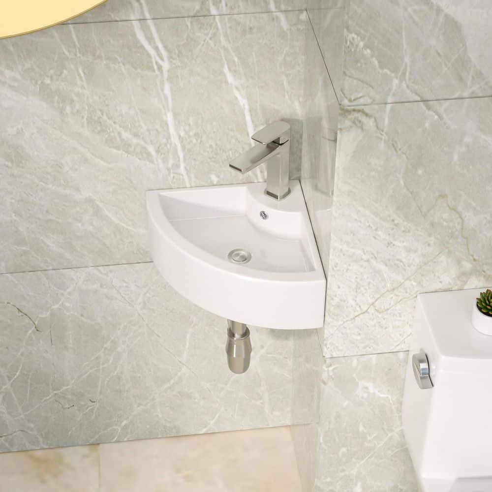 Logmey 13 in. x 18 in. x 5 in. White Ceramic sector Wall Hung Vessel Sink with Single Faucet Hole for Small Bathroom (2)