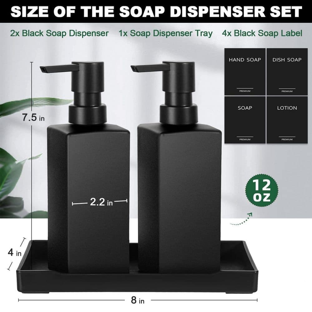Wudkey Kitchen Soap Dispenser Set, Hand and Dish Soap Dispensers, Black Glass Soap Dispenser with Tray for Bathroom (2)