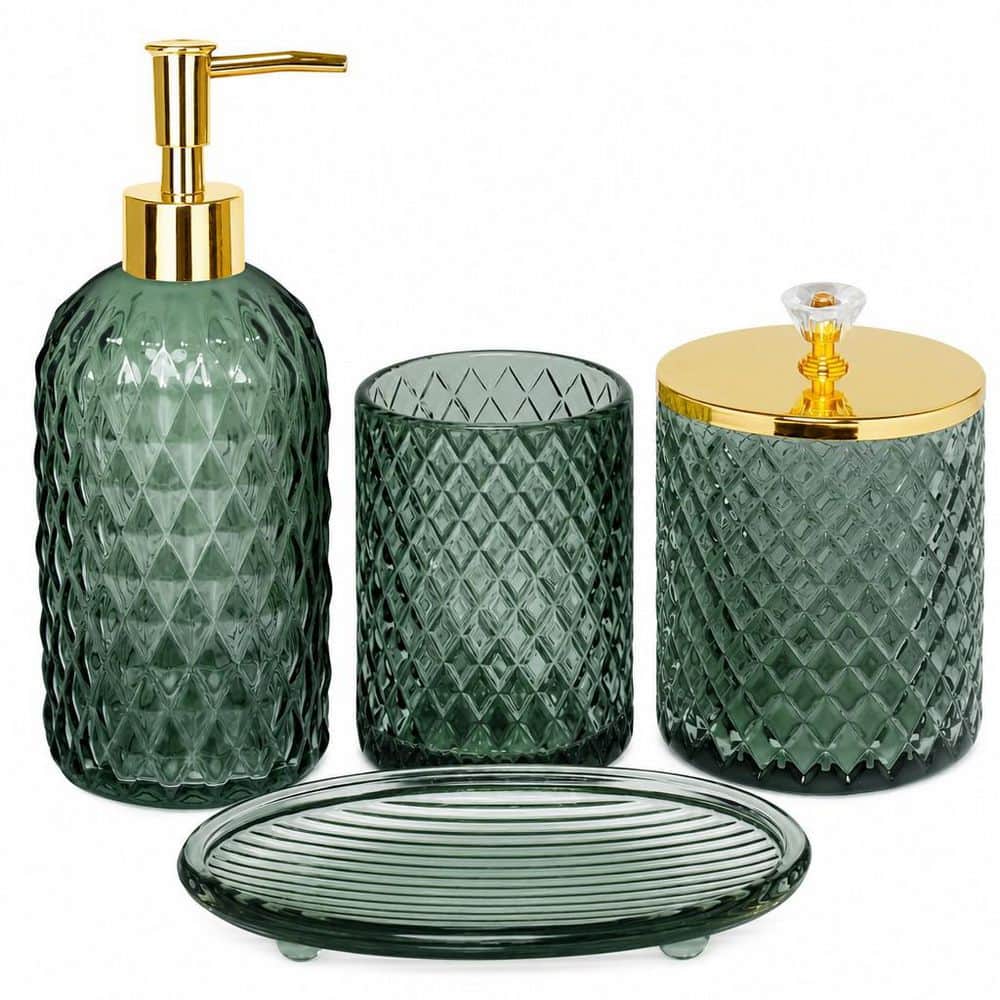 Numhew 4-Piece Bathroom Accessories Set in Green with Soap Dispenser Set, Toothbrush Holder, Qtip Holder, Soap Dish (1)