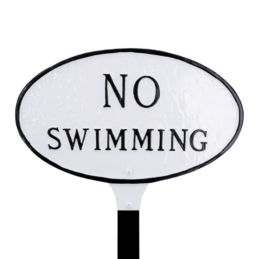 Montague Metal Products 8.5 in. x 13 in. Standard Oval No Swimming Statement Plaque Sign with Lawn Stake - White/Black
