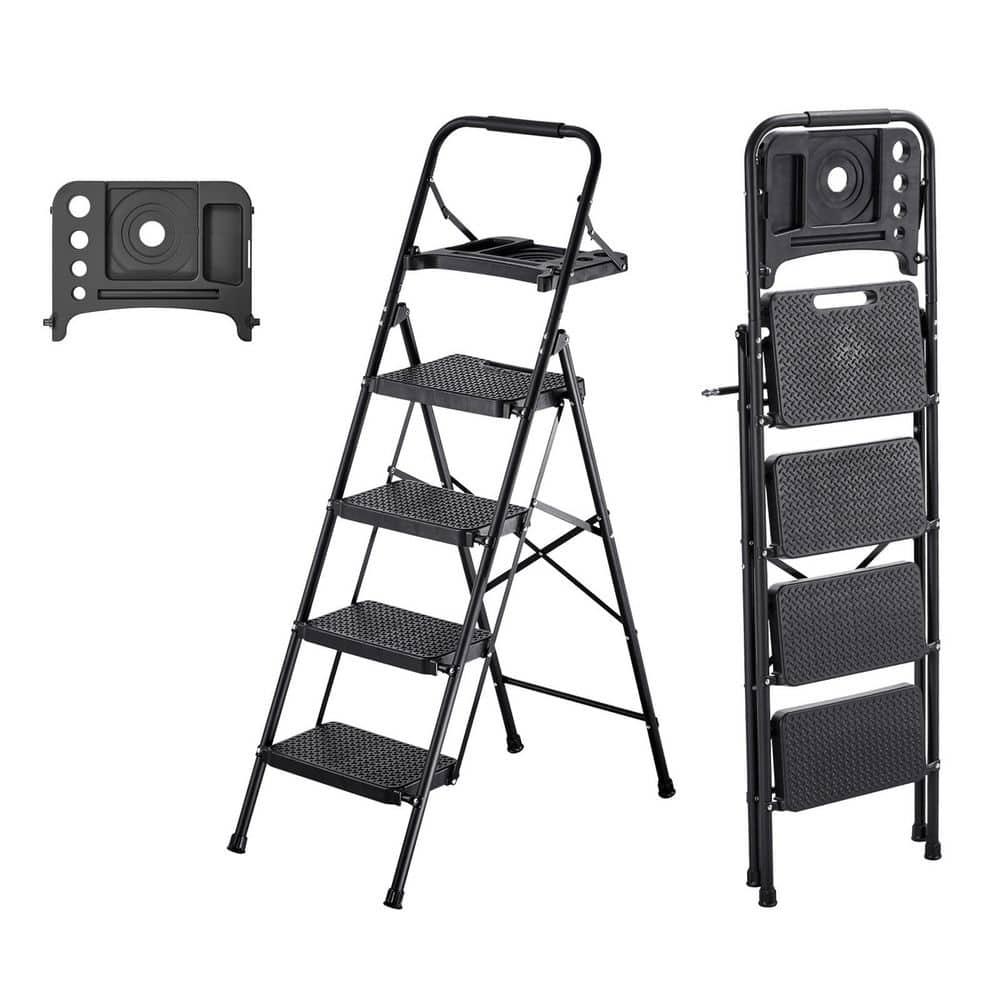 VEVOR 4 Step Ladder, Folding Step Stool with Wide Anti-Slip Pedal, Tool Tray, Comfort Handgrip, 600 lbs. Capacity Steel Ladder