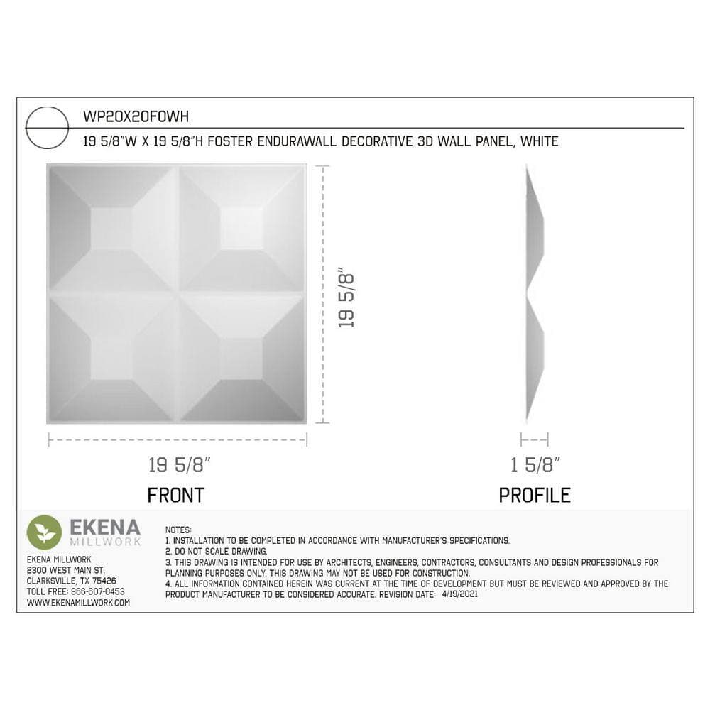 Ekena Millwork 1-5/8 in. x 19-5/8 in. x 19-5/8 in. PVC White Foster EnduraWall Decorative 3D Wall Panel (2.67 sq. ft.) (2)