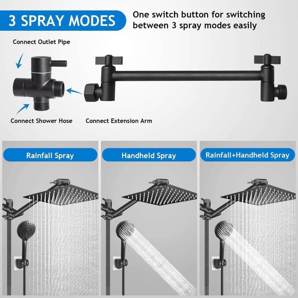 Wudkey 1-Piece High Pressure Rain Shower Head with 11 in. Adjustable Extension Arm and 5 Settings Handheld (2)