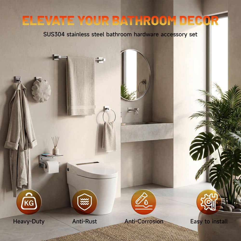 BWE Pieces Bathroom Hardware Accessories Set with Towel Holder, Roll Paper Holder, Hook, Towel Ring (2)