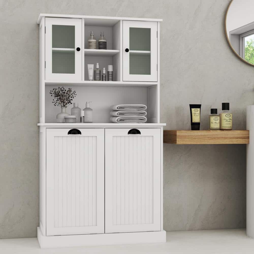 Unbranded 32 in. W x 15 in. D x 60 in. H White Linen Cabinet, 2-Compartment Tilt-Out Dirty Laundry Basket Tall Bathroom