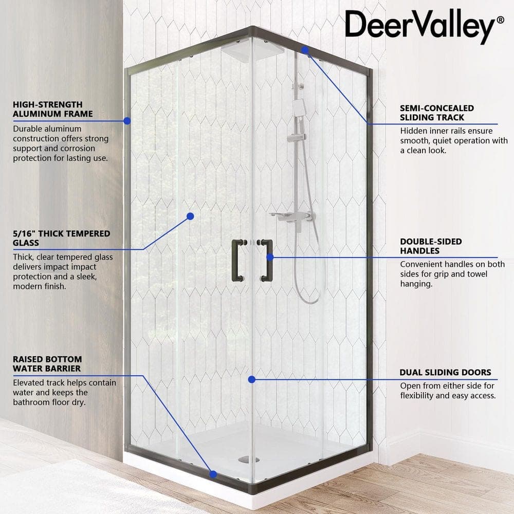 DEERVALLEY 36 in. W x 72 in. H Square Double Sliding Framed Corner Shower Enclosure in Black with 5/16 in. Clear Tempered Glass (3)
