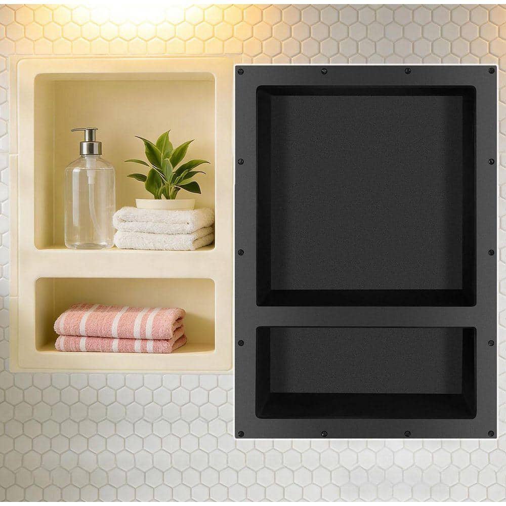 SEEUTEK 17 in. W x 25 in. H x 3.8 in. D Shower Niche Ready for Tile Double Shelf for Shampoo, Toiletry Storage in Black