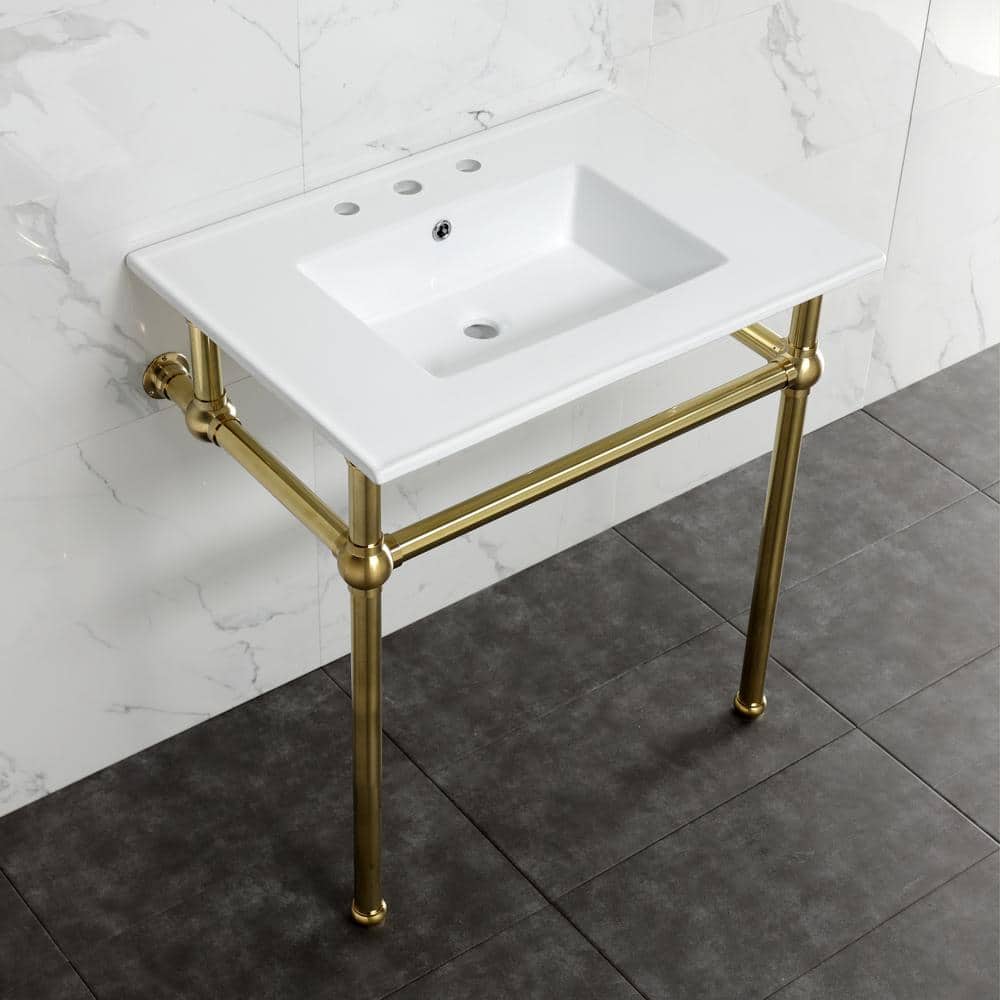 Kingston Brass Fauceture 31 in. Ceramic Console Sink Set with Brass Legs in White/Brushed Brass (2)