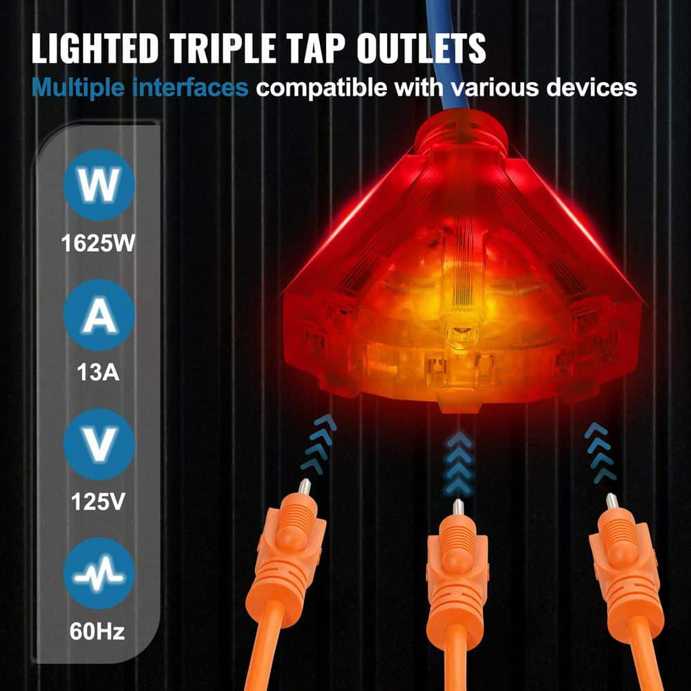 VEVOR 75 ft. 14 / 3 13 Amp Retractable Extension Cord Reel Heavy Duty SJTOW Retractable Cord with Lighted Triple Tap Outlet (3)