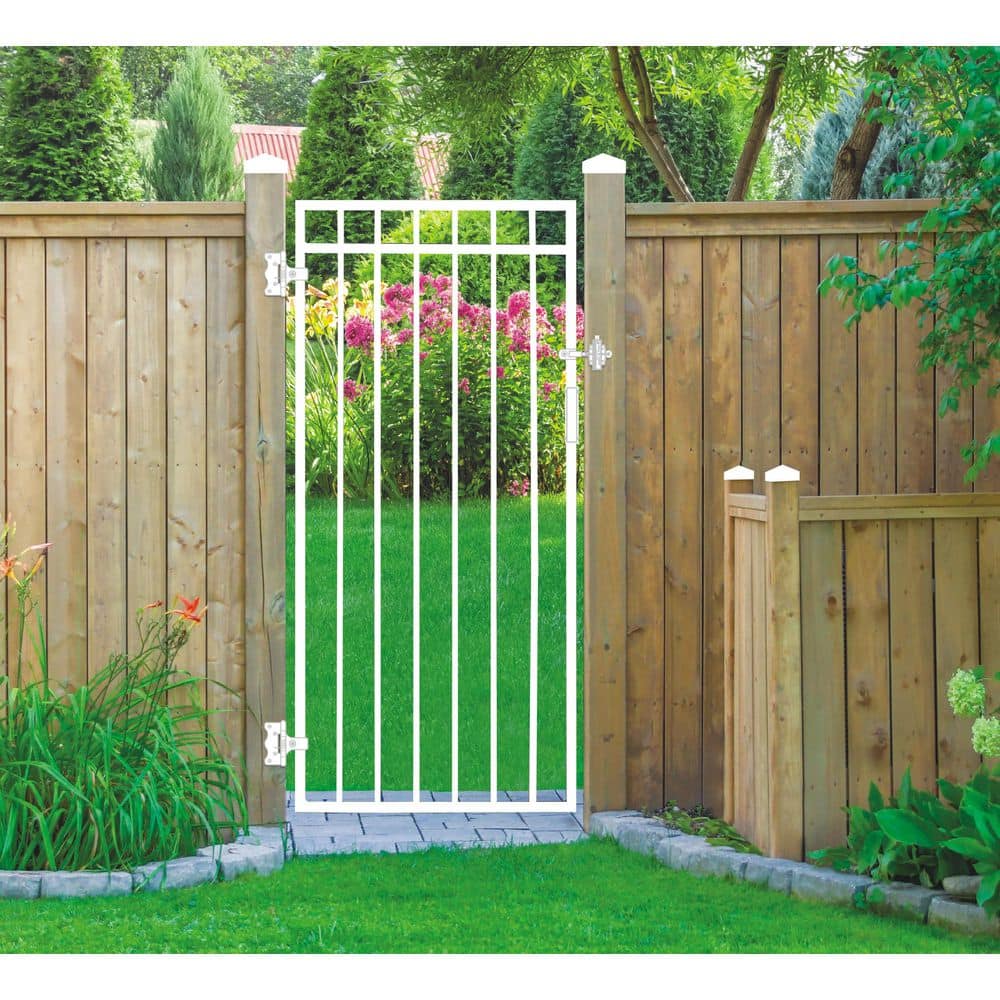 NUVO IRON Glossy Flat-Top Coral Steel Gate (33 in. W 68 in. H) with Self-Close Hardware, Double-Sided Handle, 2x2 Hinges (2)