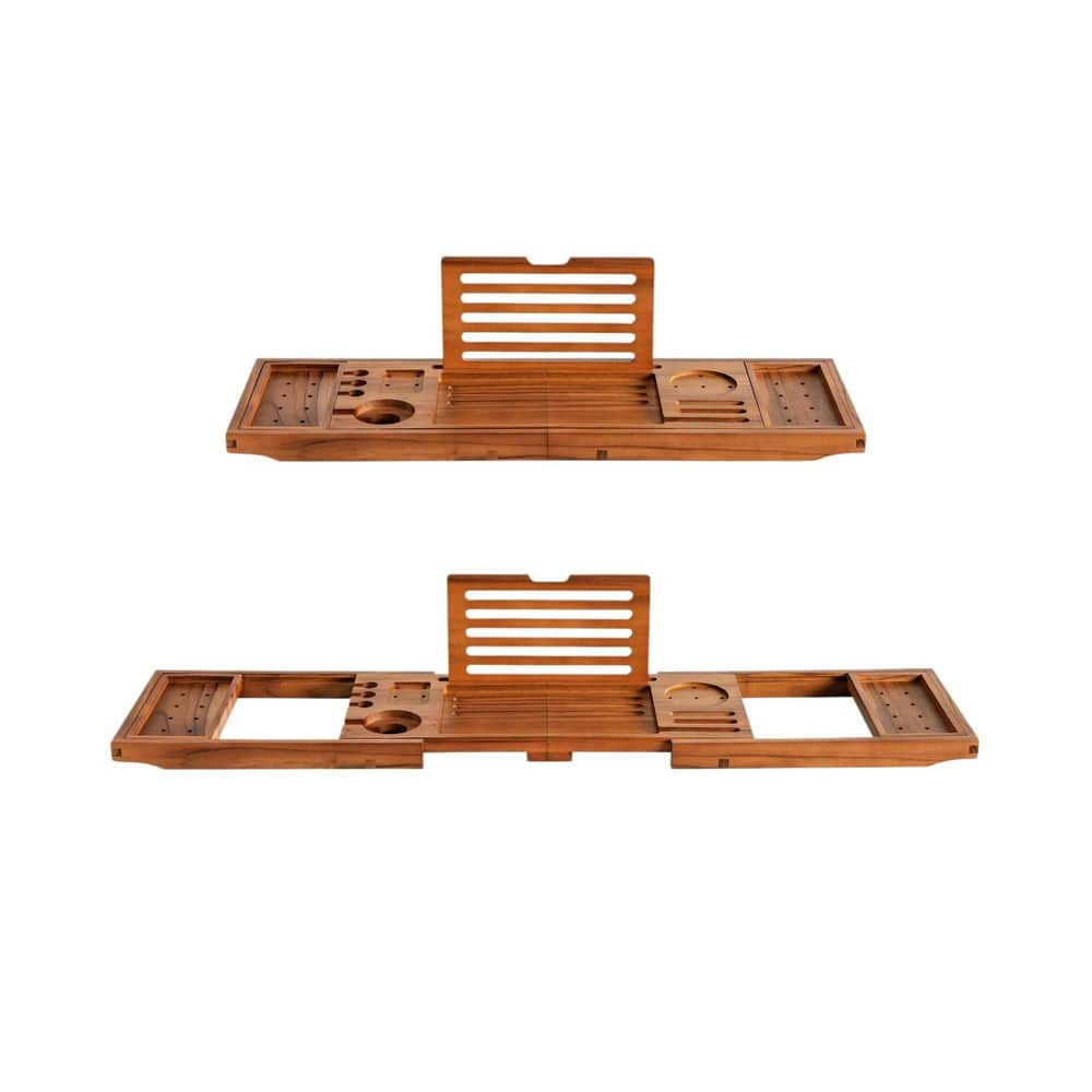 Numhew 1-Pack Adjustable Natural Teak Bathtub Tray with Wine Holder, Tablet and Book Stand in Light Wood (1)
