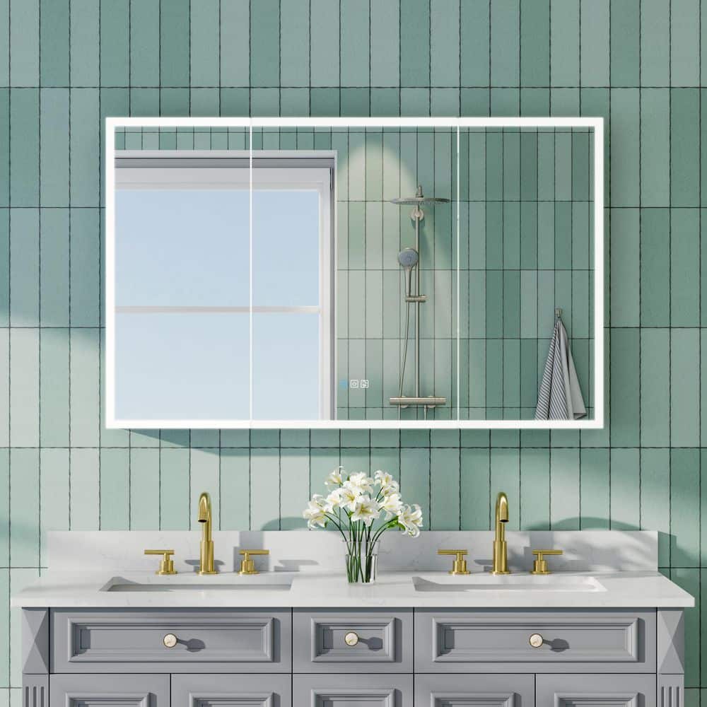 Eoviamne 48 in. W x 30 in. H Rectangular Aluminum LED Medicine Cabinet with Mirror, 3X Magnify Mirror, Soft Close Door