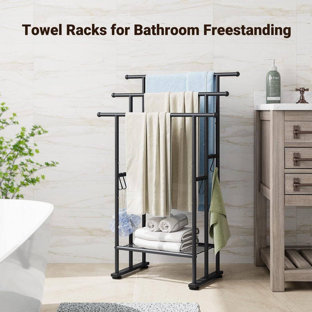 Wudkey 3 Tier 3 Towel Holders Standing Towel Rack in Matte Black, 40 in. Freestanding Tall Towel Drying Rack Outdoor with Shelf (2)