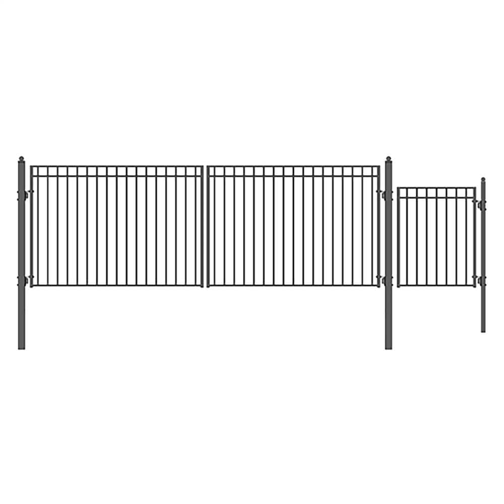 ALEKO 23 ft. x 6 ft. Black Steel Dual Swing Driveway Gate Madrid Style 18 ft. with Pedestrian Gate 5 ft. Fence Gate (1)