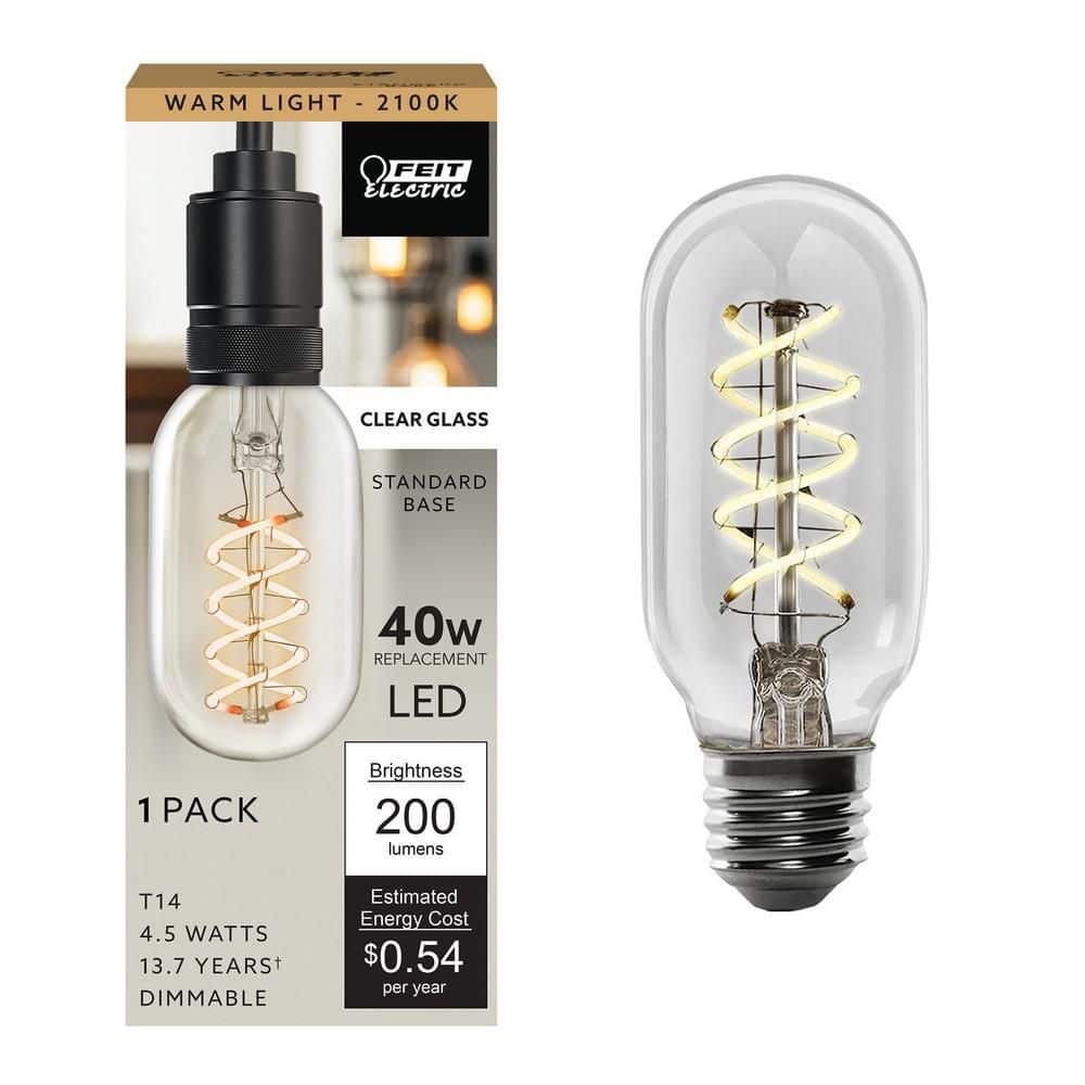 Feit Electric 40-Watt Equivalent T14 Dimmable Spiral Filament Clear Glass E26 Vintage Edison LED Light Bulb, Warm White