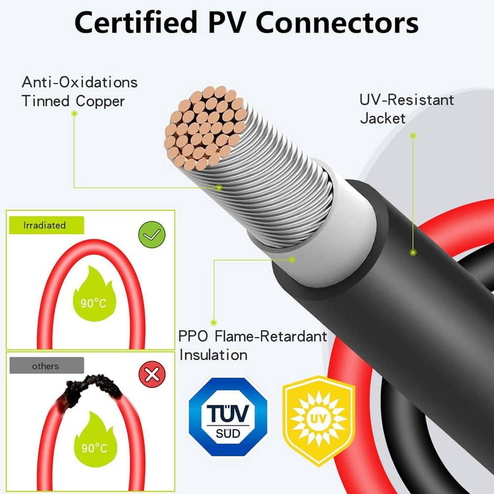 Vrbgify 20 ft. 10AWG Solar Wire Extension Cable with Tool-Free Solar Connectors and Waterproof Panel Cable (3)