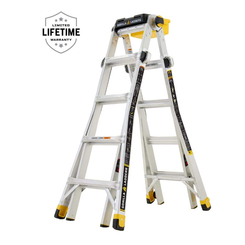 Gorilla Ladders 19 ft. Reach Aluminum Multi-Position Ladder with New Speed Locks, Wheels, Project Top and Bucket, 375 lbs. Load Cap