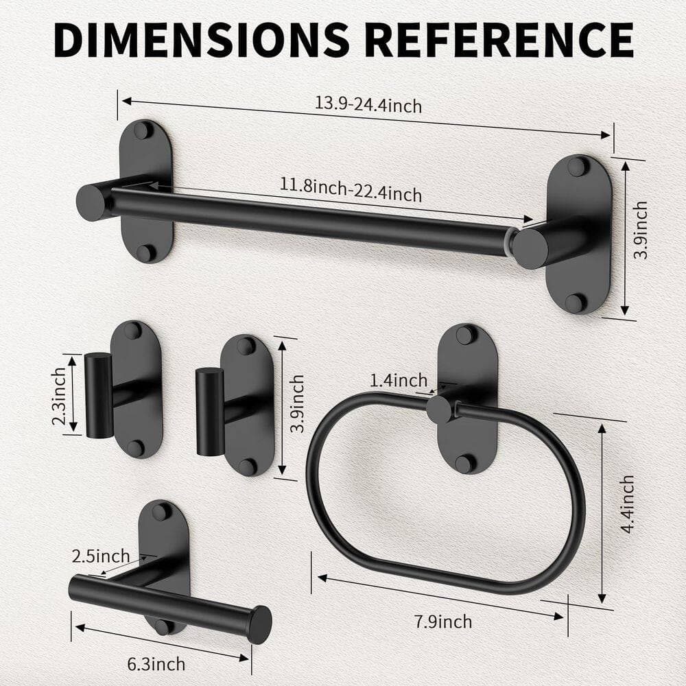 Anqtovp 5-Piece Bathroom Hardware Set with Towel Bar, Towel Ring, Toilet Paper Holder, 2 Hooks in Matte Black (2)